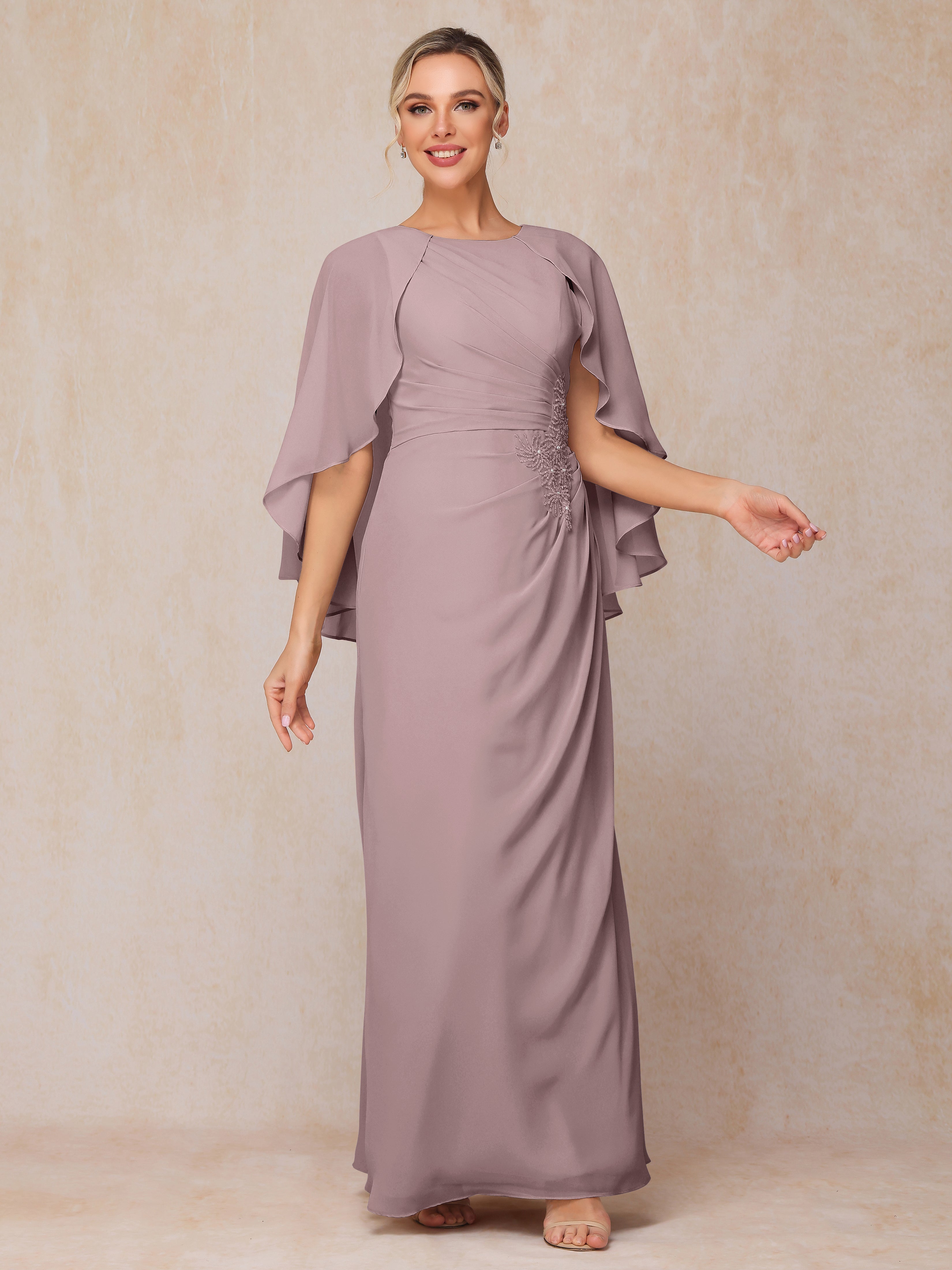 A Line Floor Length Chiffon Mother Of The Bride Dress With Cape