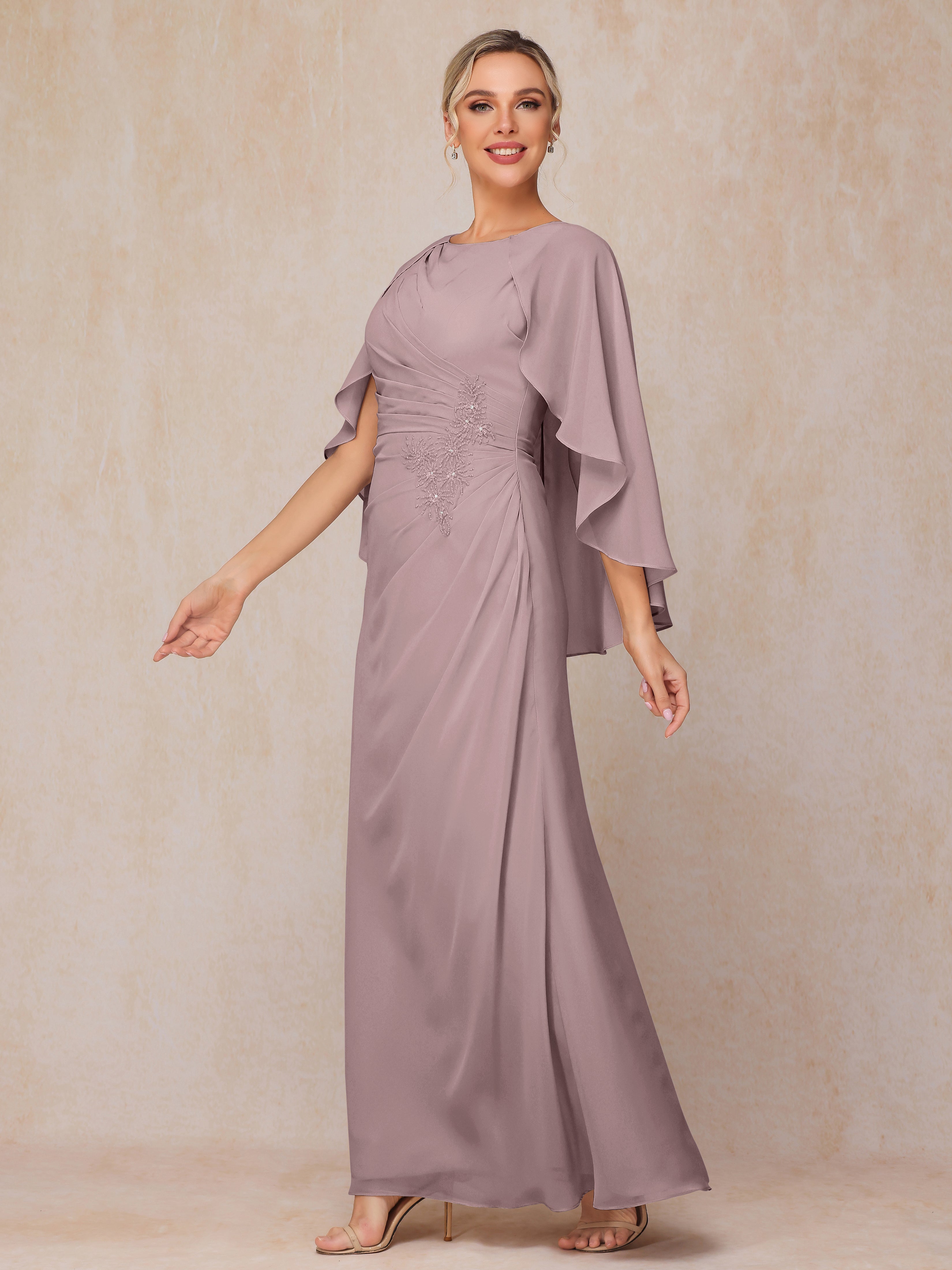 A Line Floor Length Chiffon Mother Of The Bride Dress With Cape