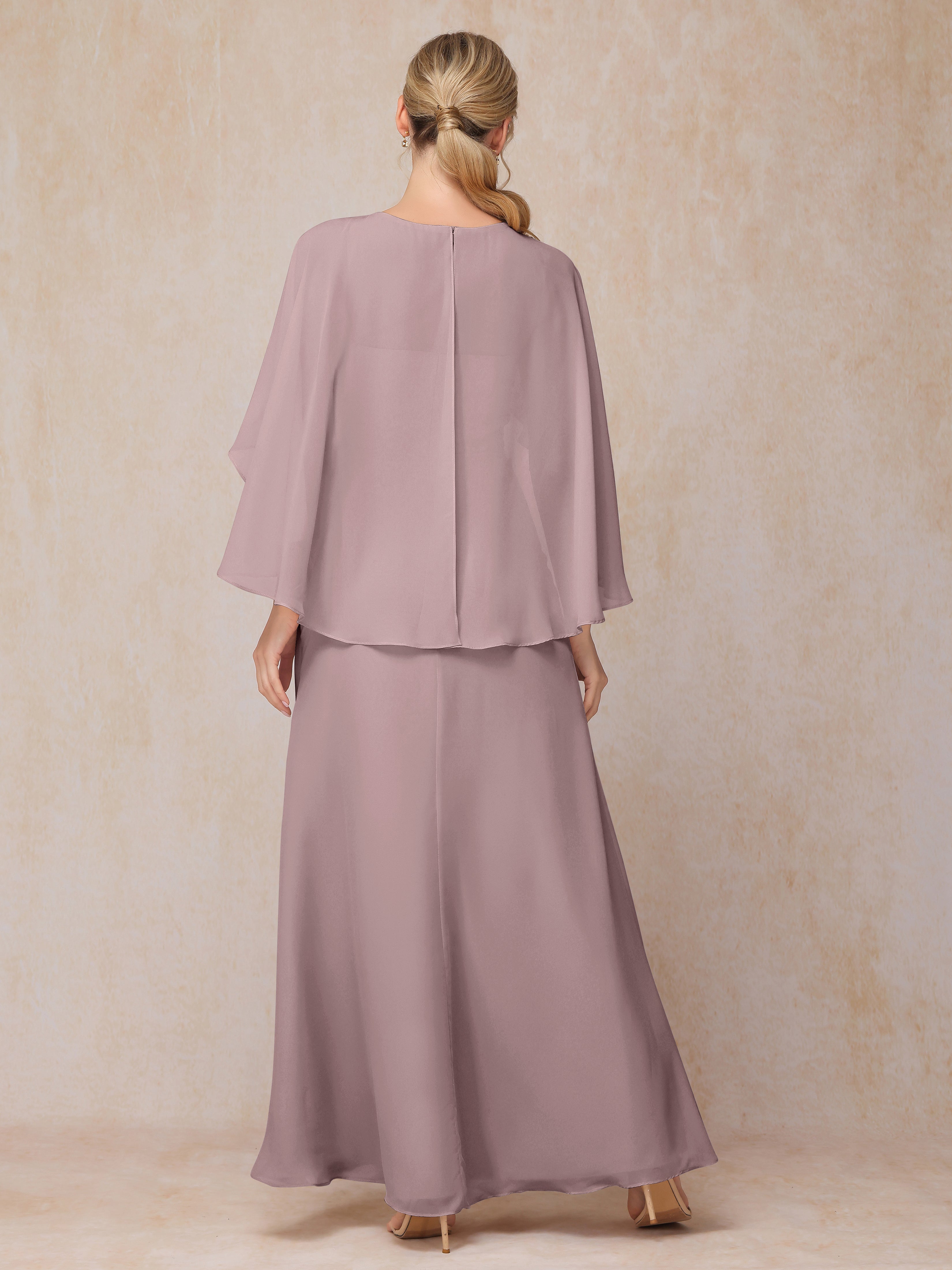 A Line Floor Length Chiffon Mother Of The Bride Dress With Cape