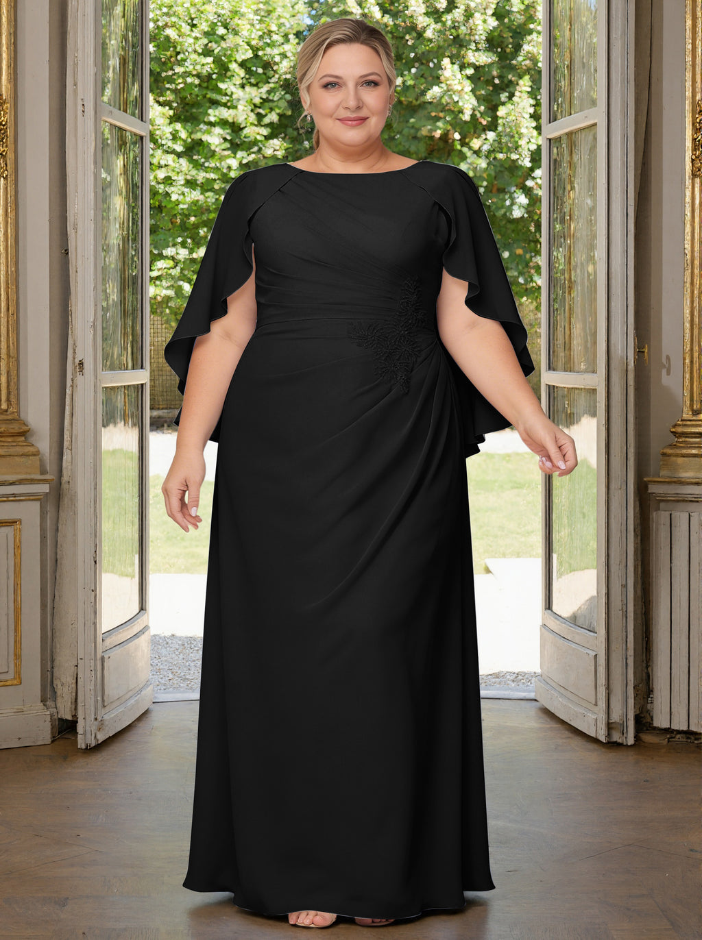 Cicinia Black Plus Size Mother Of The Bride Dress Long Chiffon Beaded Sheath Floor Length Dresses With Cape Sleeves