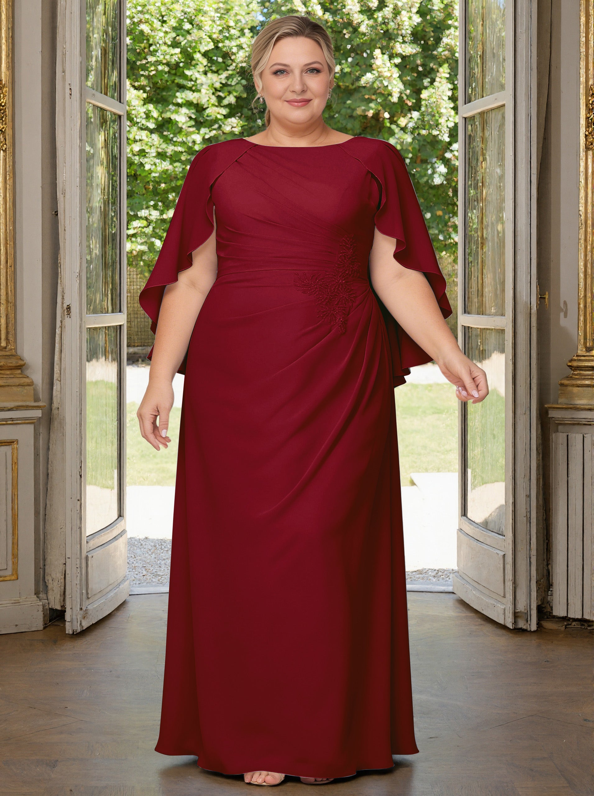 Cicinia Burgundy Plus Size Mother Of The Bride Dress Long Chiffon Beaded Sheath Floor Length Dresses With Cape Sleeves Cicinia Burgundy Plus Size Mother Of The Bride Dress Long Chiffon Beaded Sheath Floor Length Dresses With Cape Sleeves