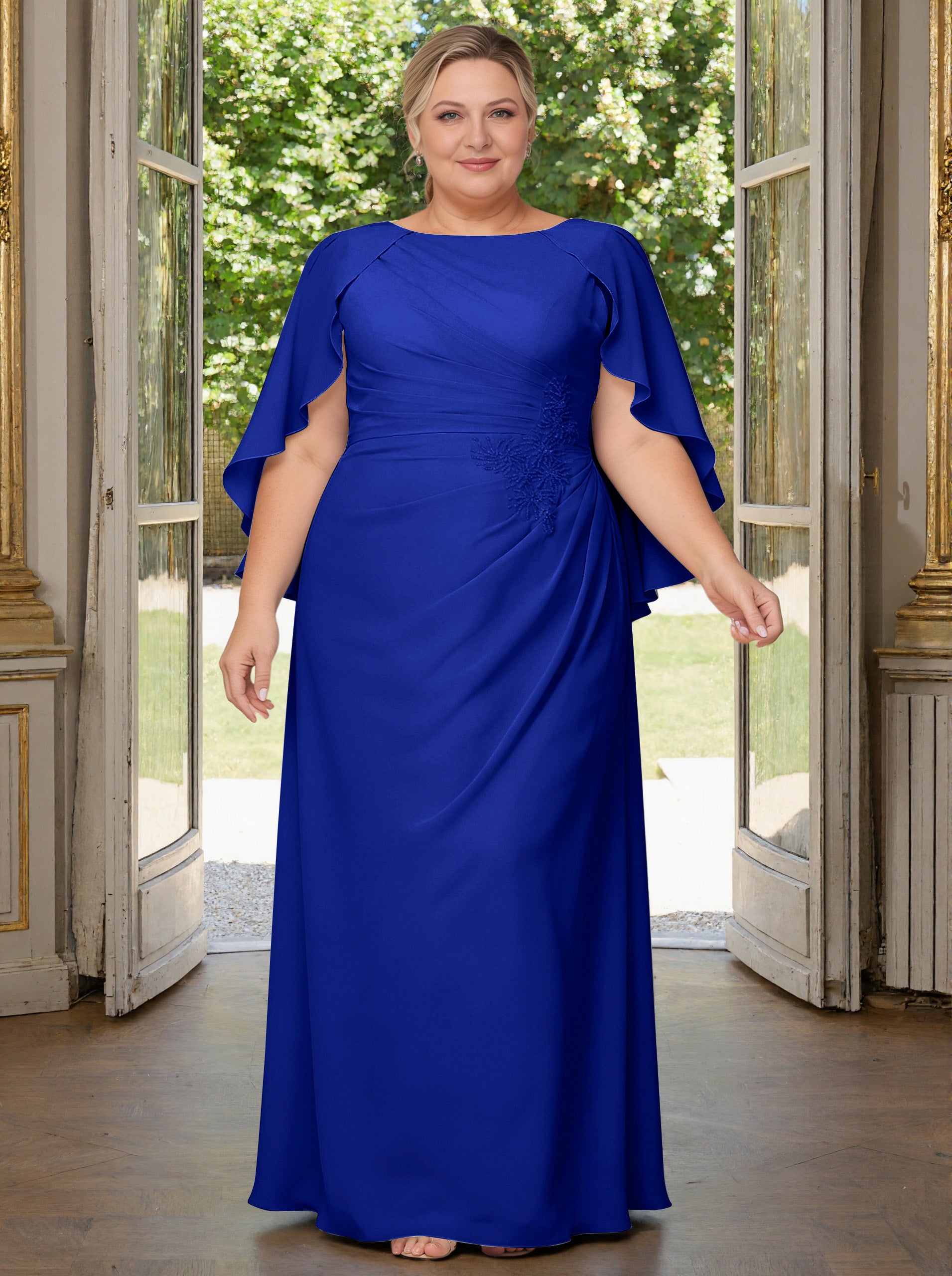 Cicinia Royal Blue Plus Size Mother Of The Bride Dress Long Chiffon Beaded Sheath Floor Length Dresses With Cape Sleeves Cicinia Royal Blue Plus Size Mother Of The Bride Dress Long Chiffon Beaded Sheath Floor Length Dresses With Cape Sleeves