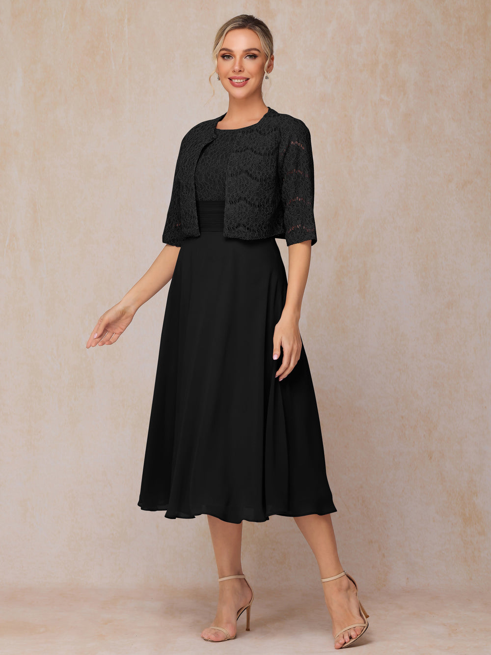 2 Pieces A Line Tea Length Chiffon Lace Mother Of The Groom Dress