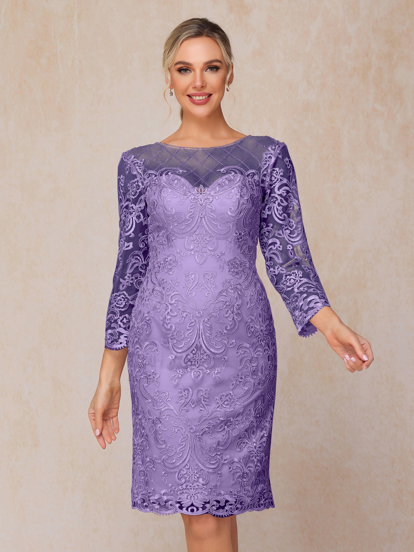 2 Pieces 3/4 Sleeves Knee Length Chiffon Lace Mother Of The Bride Dress