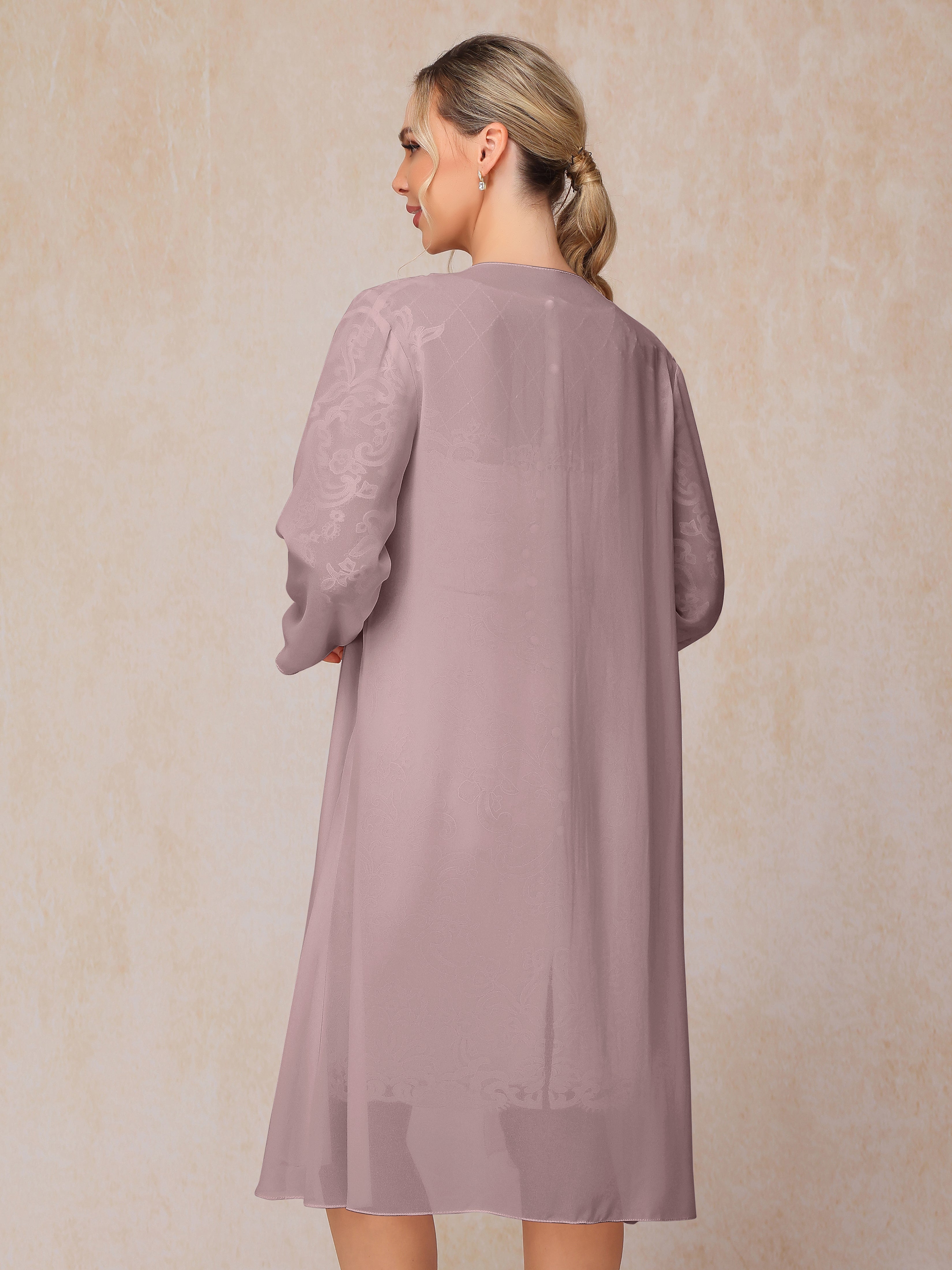 2 Pieces 3/4 Sleeves Knee Length Chiffon Lace Mother Of The  Groom Dress