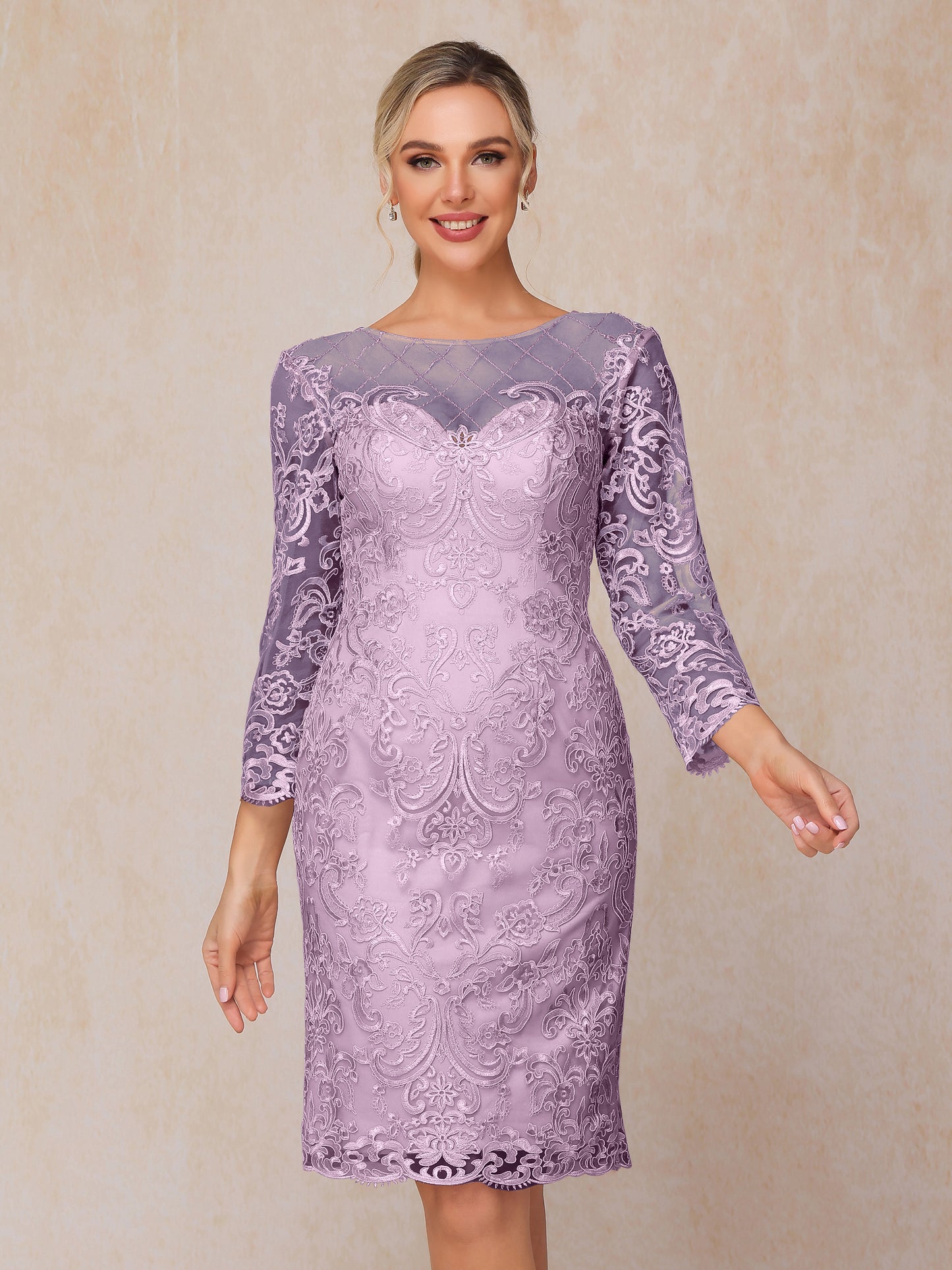 2 Pieces 3/4 Sleeves Knee Length Chiffon Lace Mother Of The Bride Dress