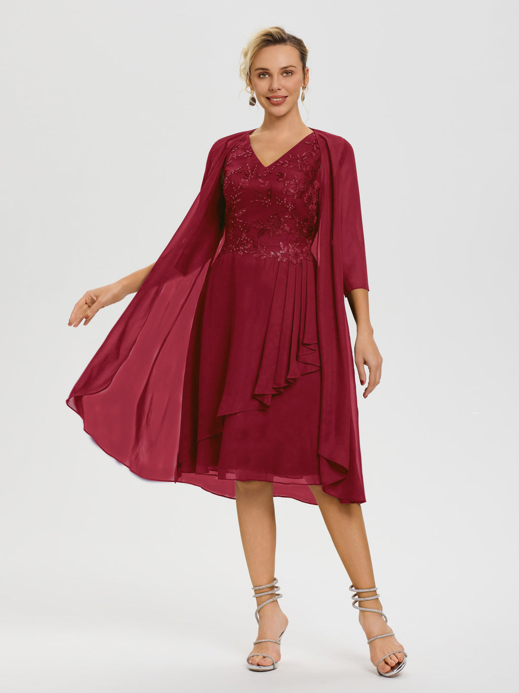 Burgundy Tuxedo Burgundy Mother Of The Bride Dress With Jacket Pieces A  Line V Neck Appliqued Knee Length Mother Of The Bride Dresses With Jacket