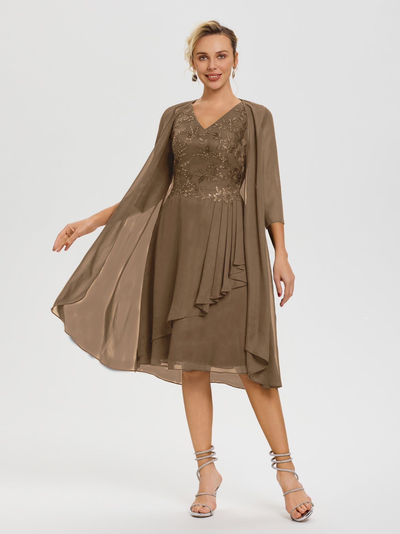 Mother Of The Bride Lilac Dress 2 Pieces A Line V Neck Appliqued Knee Length Mother Of The Bride Dresses With Jacket