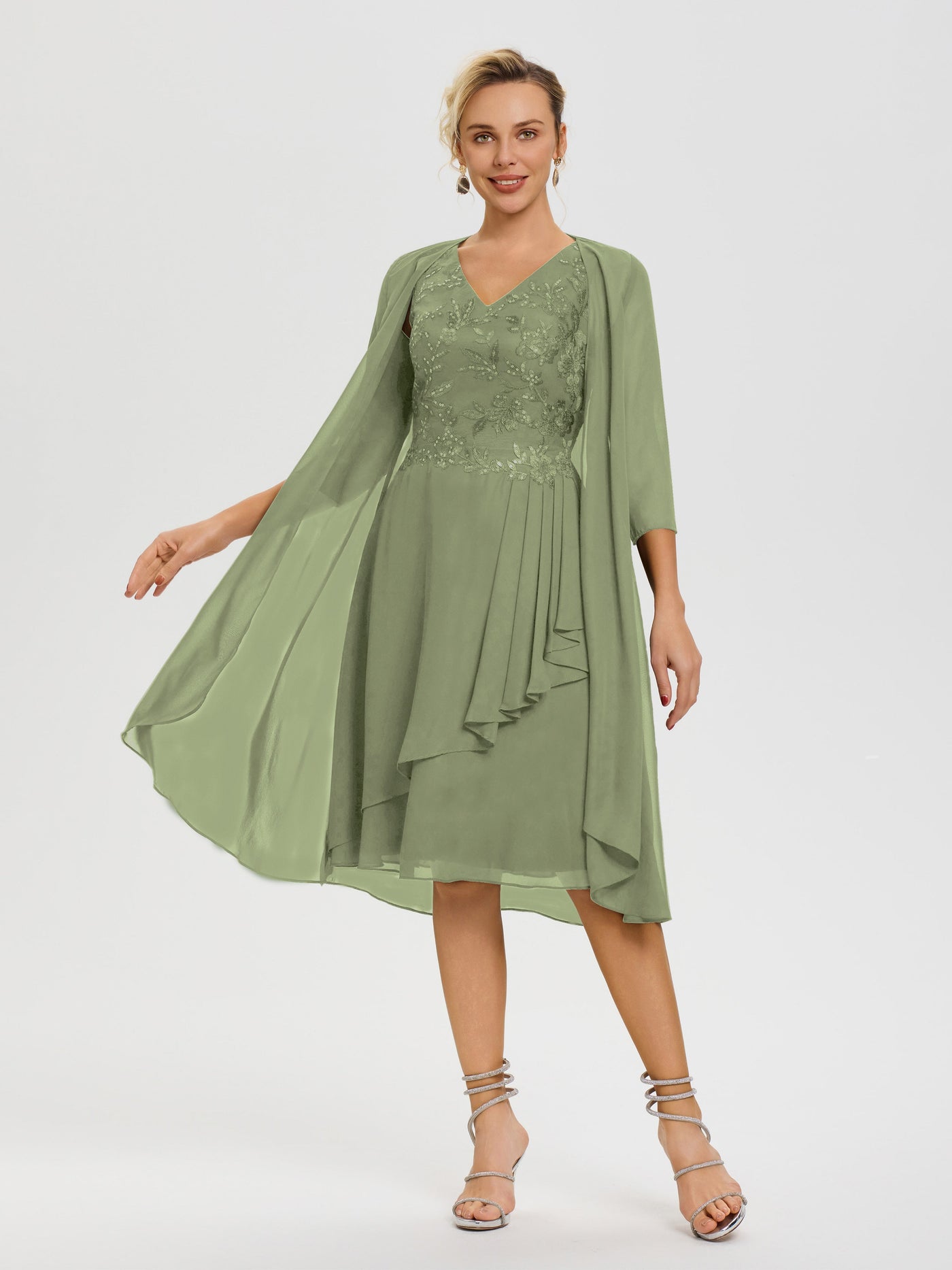 Olive Green Mother Of The Bride Dress 2 Pieces A Line V Neck Appliqued