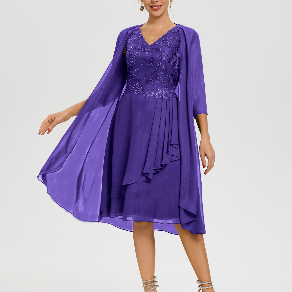 Regency Purple Mother Of The Bride Dresses 2 Pieces A Line V Neck Appliqued Knee Length Mother Of The Bride Dresses With Jacket
