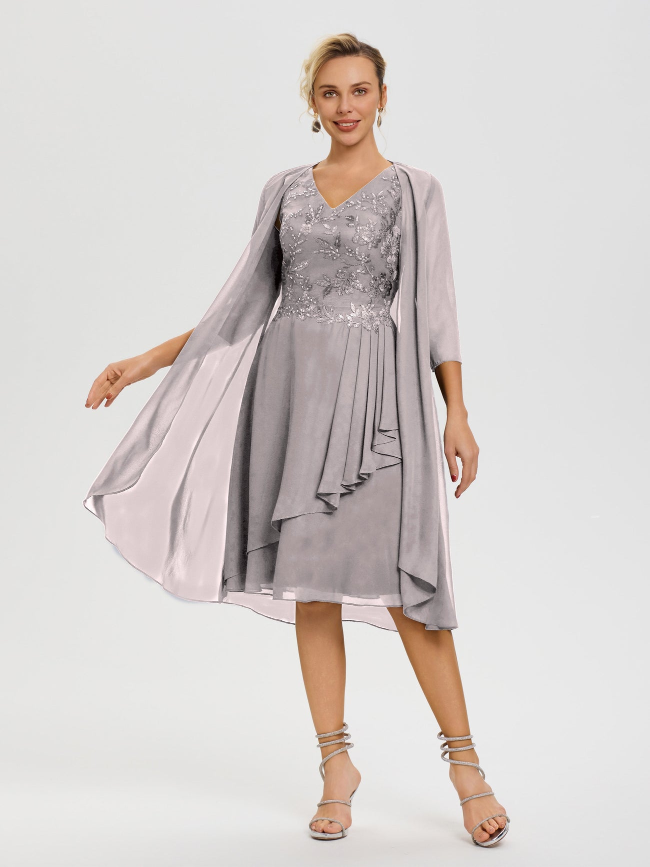 Dusk Mother Of The Bride Dresses 2 Pieces A Line V Neck Appliqued Knee Length Mother Of The Bride Dresses With Jacket