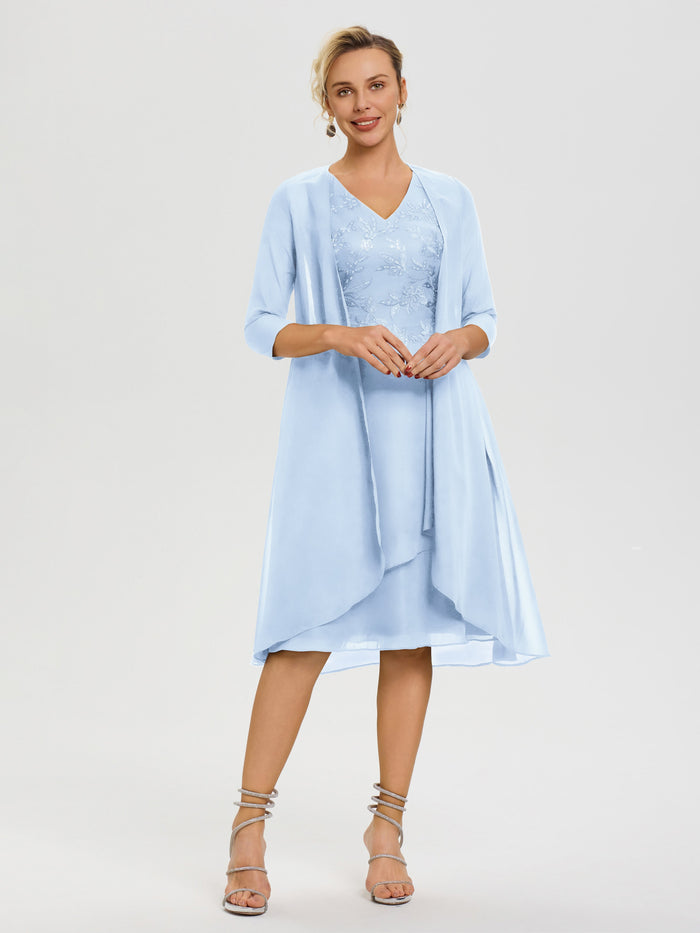 Sky Blue Mother Of The Bride Dresses 2 Pieces A Line V Neck Appliqued