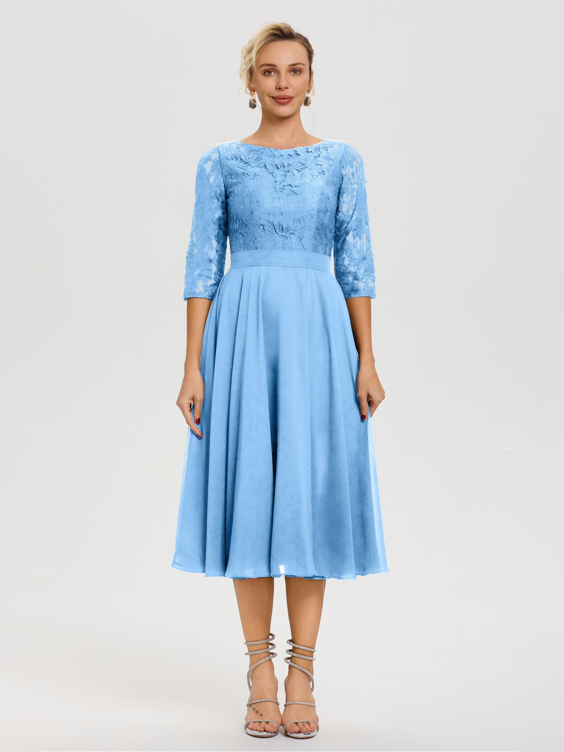 Light Blue Mother Of The Bride Dress A Line Lace Top Tea Length Chiffo