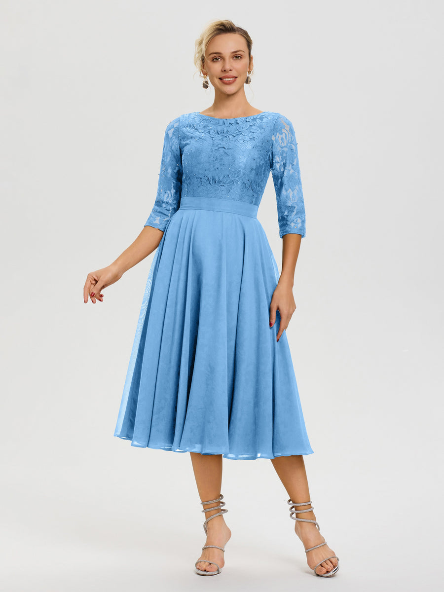 Light Blue Mother Of The Bride Dress A Line Lace Top Tea Length Chiffo