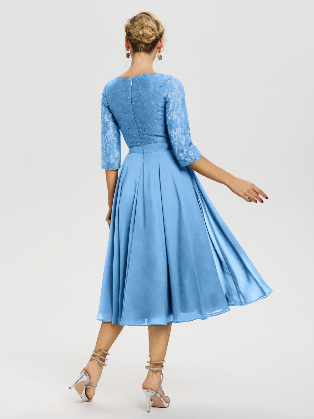 Light Blue Mother Of The Bride Dress A Line Lace Top Tea Length Chiffo