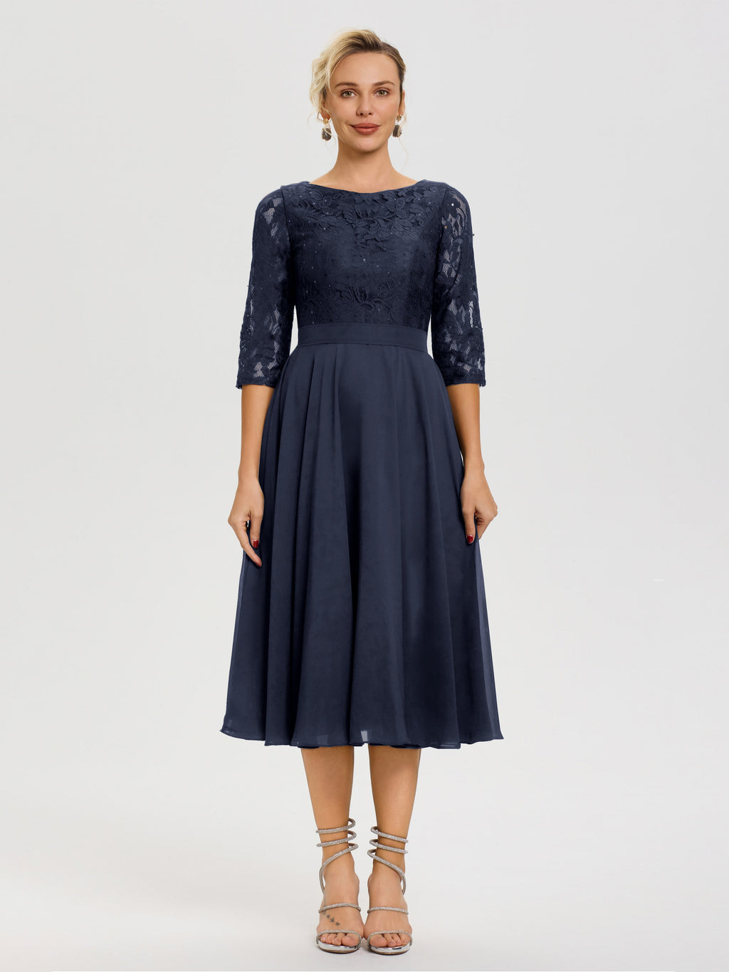 navy blue mother of the bride dresses tea length Tea Length Navy Blue Mother Of The Bride Dress A Line Lace Top Tea Len