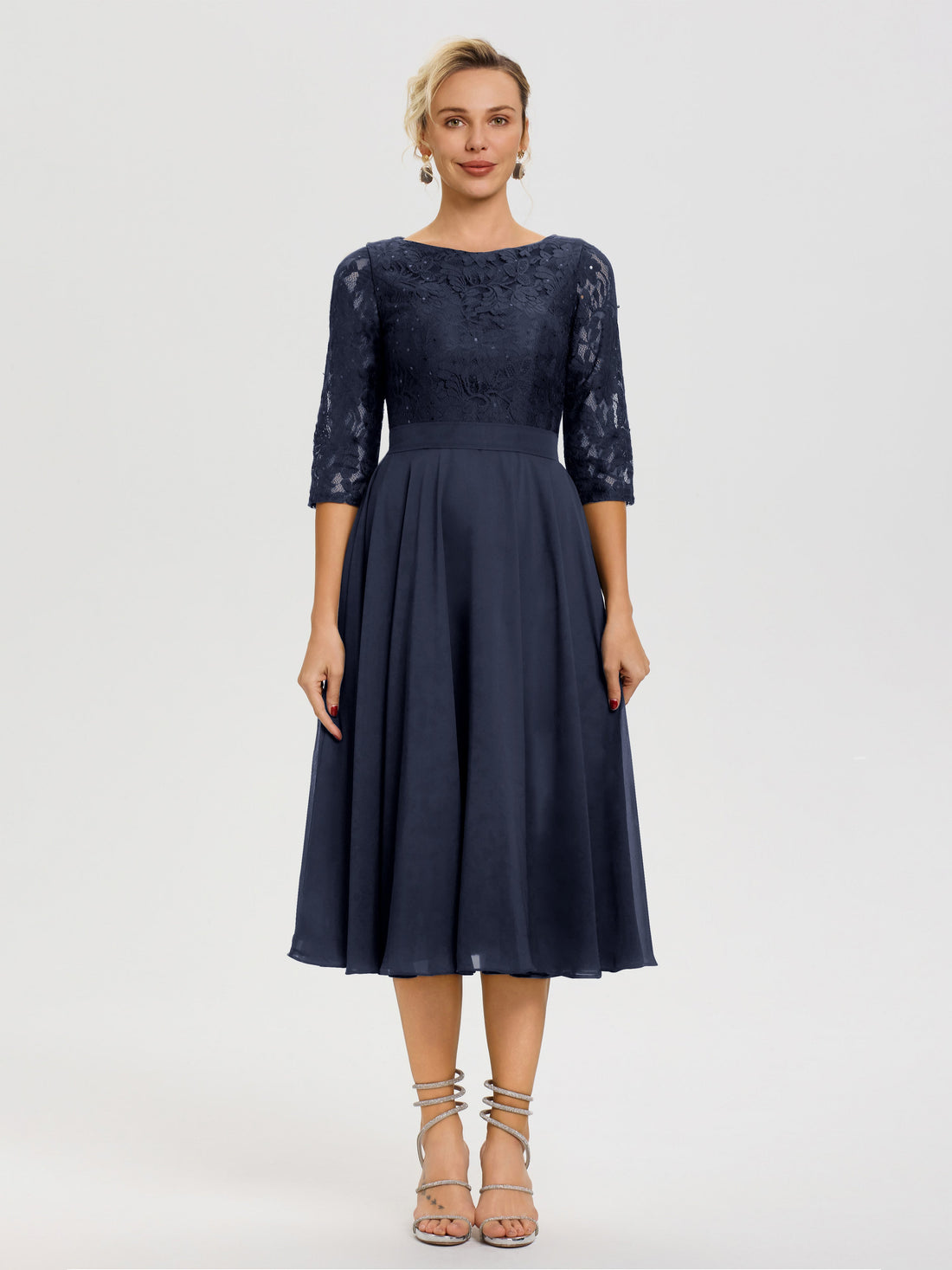 Tea Length Navy Blue Mother Of The Bride Dress A Line Lace Top Tea Len