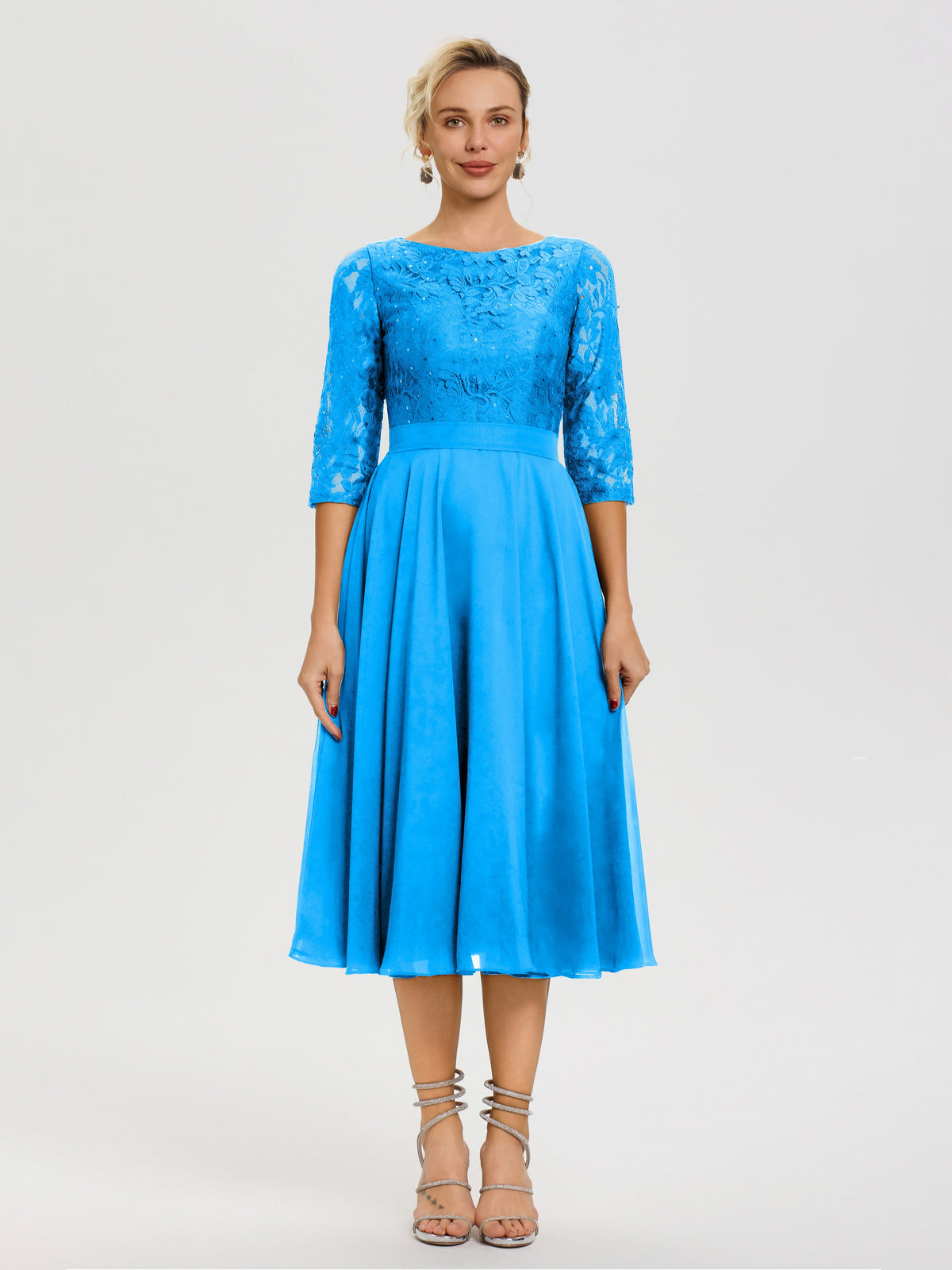 Ocean Blue Mother Of The Bride Dresses Tea Length A Line Lace Top Tea