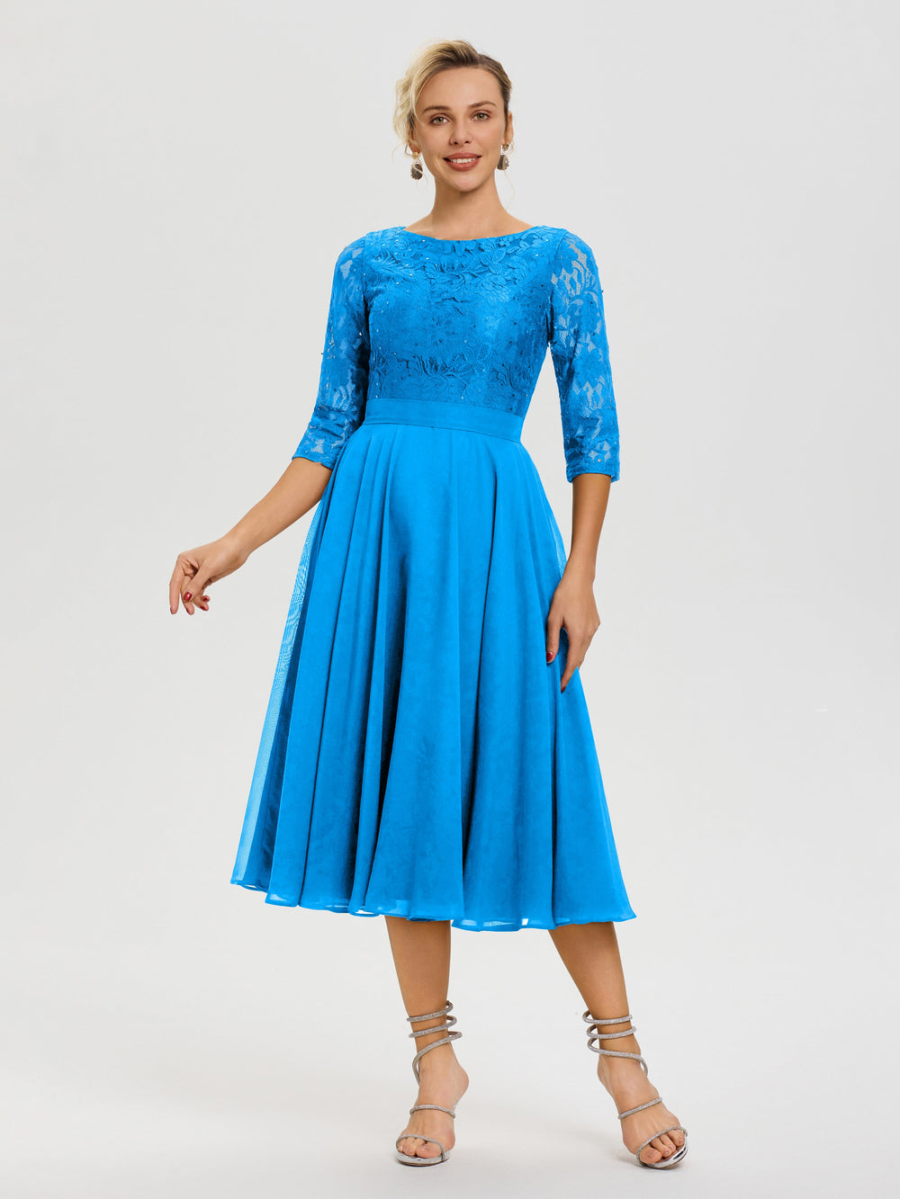 Ocean Blue Mother Of The Bride Dresses Tea Length A Line Lace Top Tea