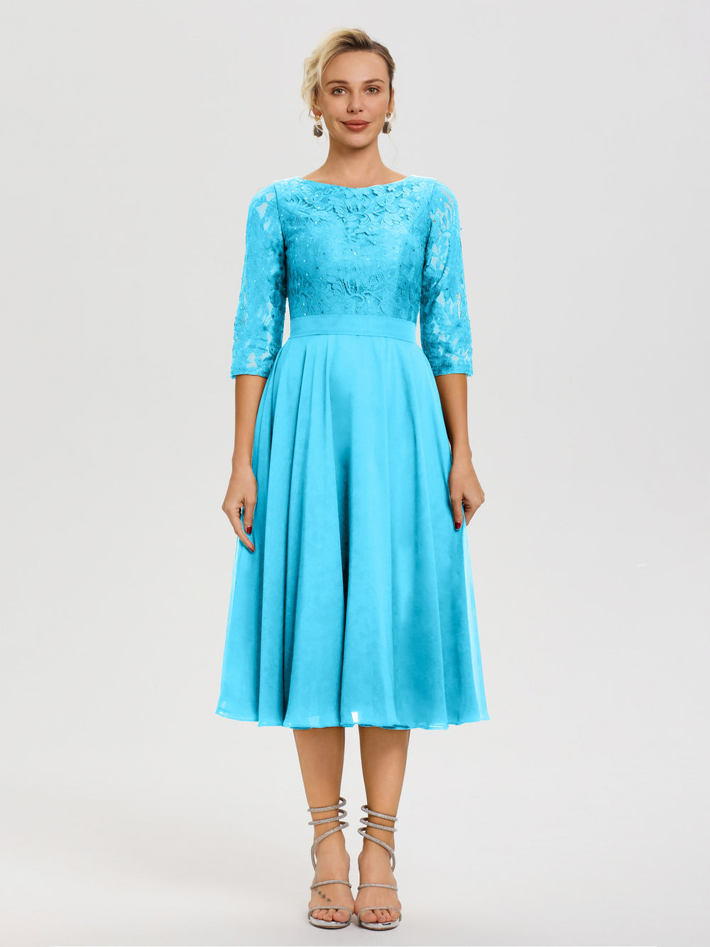 Pool Blue Mother Of The Bride Dress A Line Lace Top Tea Length Chiffon