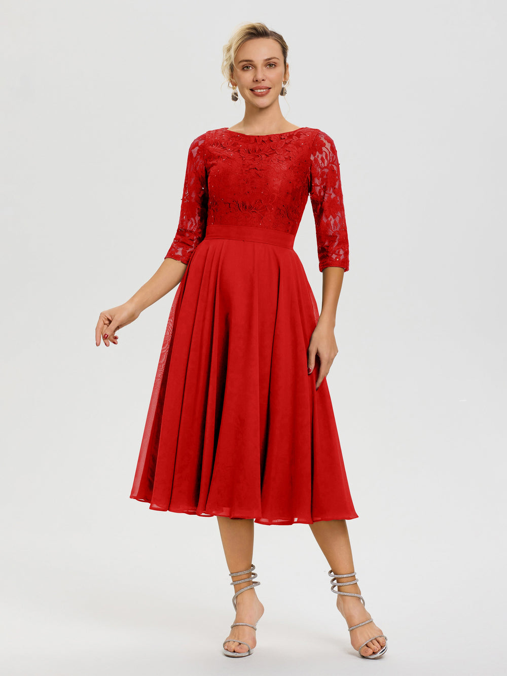 Red Mother Of The Bride Dresses Tea Length A Line Lace Top Tea Length