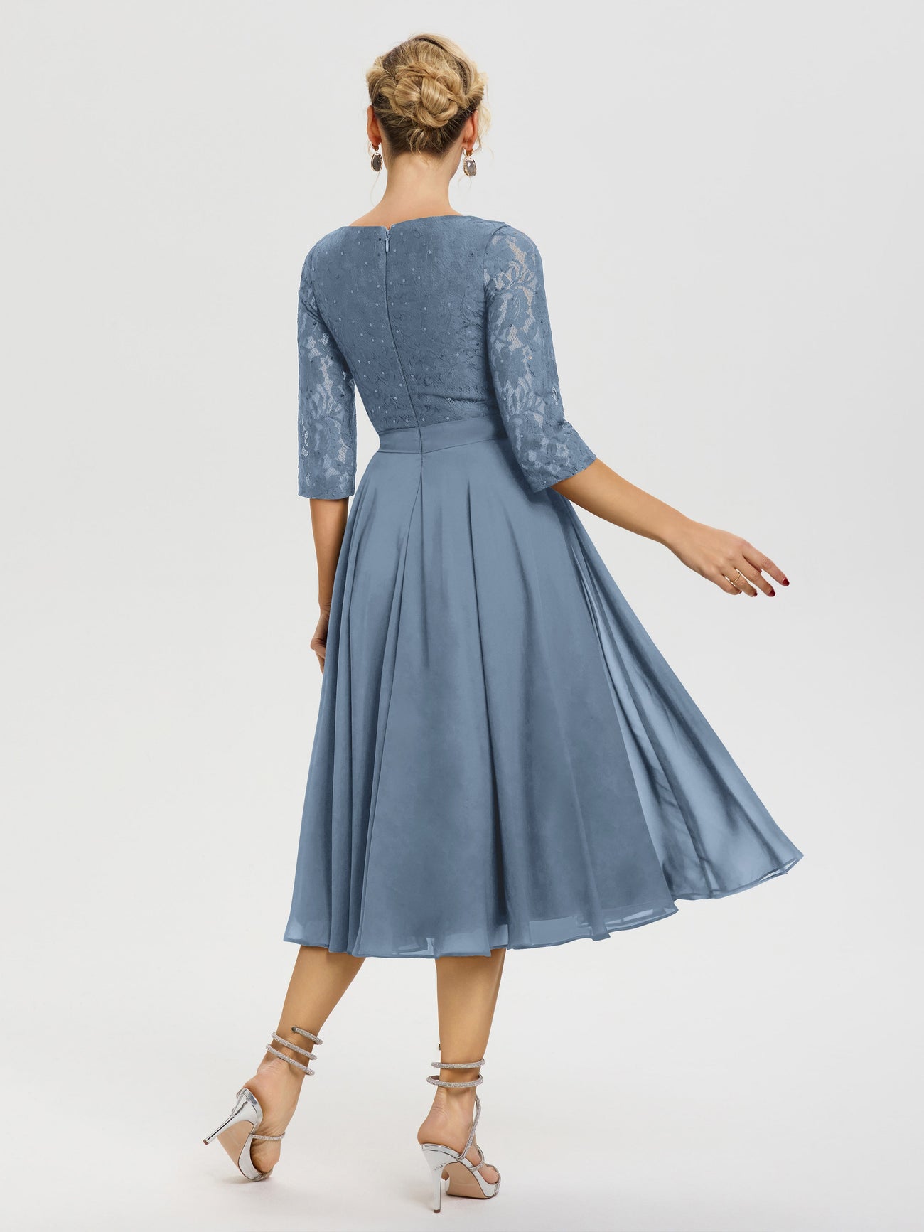 Slate Blue Dress Mother Of The Bride A Line Lace Top Tea Length Chiffo