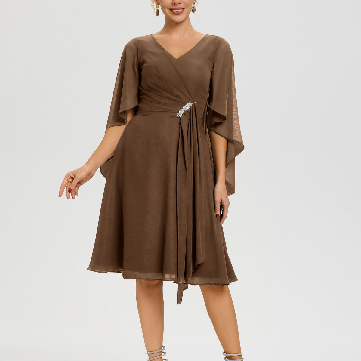 Brown Mother Of The Bride Dress Elegant V Neck Ruffle Sleeves Back Zip Knee Length Mother Of The Bride Dresses