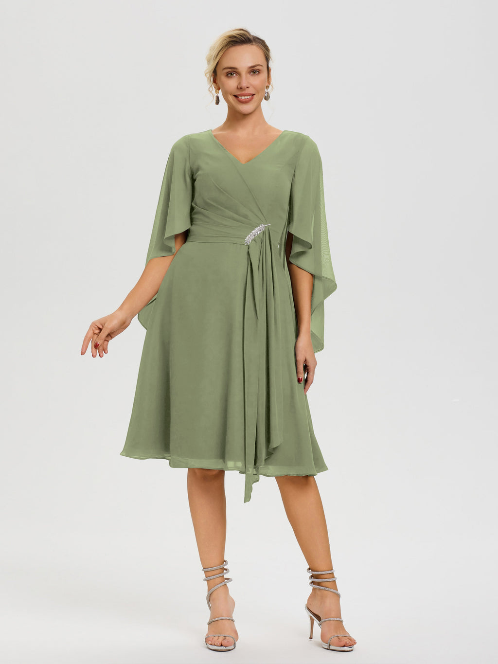 Mother Of The Bride Dresses Olive Green Elegant V Neck Ruffle Sleeves
