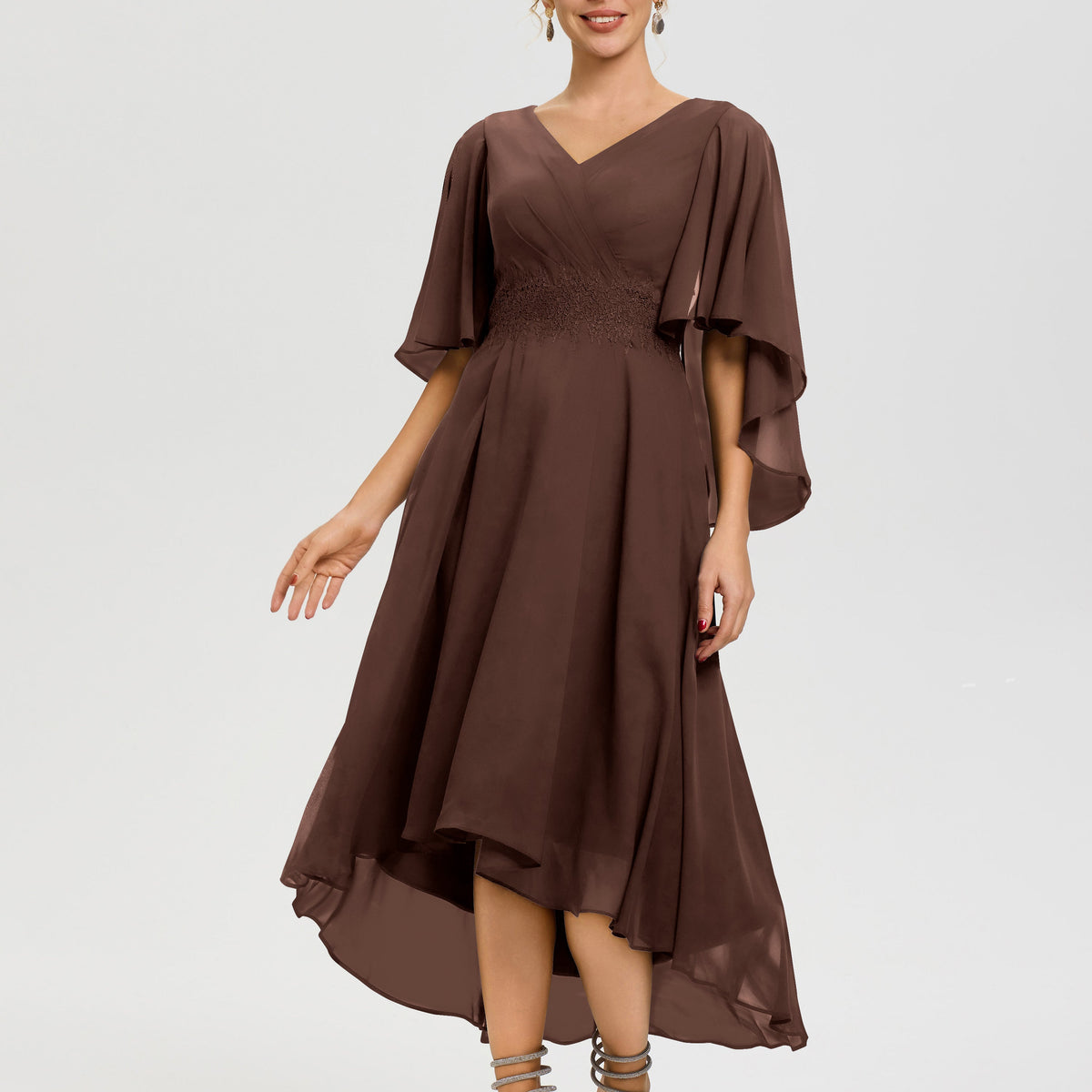 Mother Of The Bride Dresses Chocolate Brown A Line Chiffon V Neck Ruffle Sleeves Appliques Waist High Low Mother Of The Bride Dresses