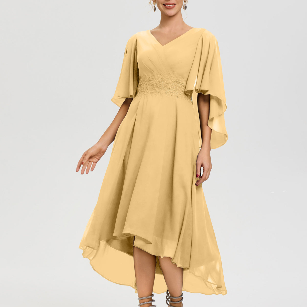 Mother of The Bride Dresses Gold Chiffon A Line Chiffon V Neck Ruffle Sleeves Appliques Waist High Low Mother of The Bride Dresses Mother of The Bride Dresses Gold Chiffon A Line Chiffon V Neck Ruffle Sleeves Appliques Waist High Low Mother of The Bride Dresses