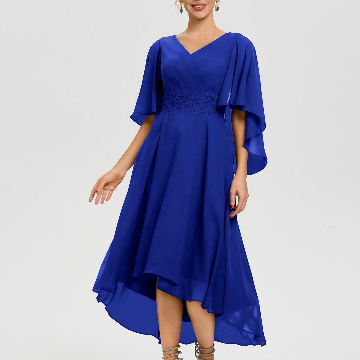 Mother Of The Bride Royal Blue Dresses A Line Chiffon V Neck Ruffle Sleeves Appliques Waist High Low Mother Of The Bride Dresses
