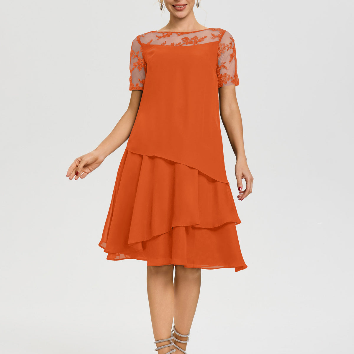 Mother Of The Bride Dresses Burnt Orange A Line Illusion Neck Short Sleeves Ruffles Chiffon Knee Length Mother Of The Bride Dresses