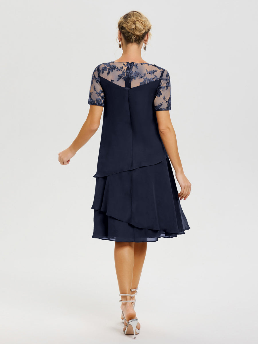 Cicinia Dark Navy Mother Of The Groom Dress Long Chiffon A-line Tea Length Short Sleeves Flowy