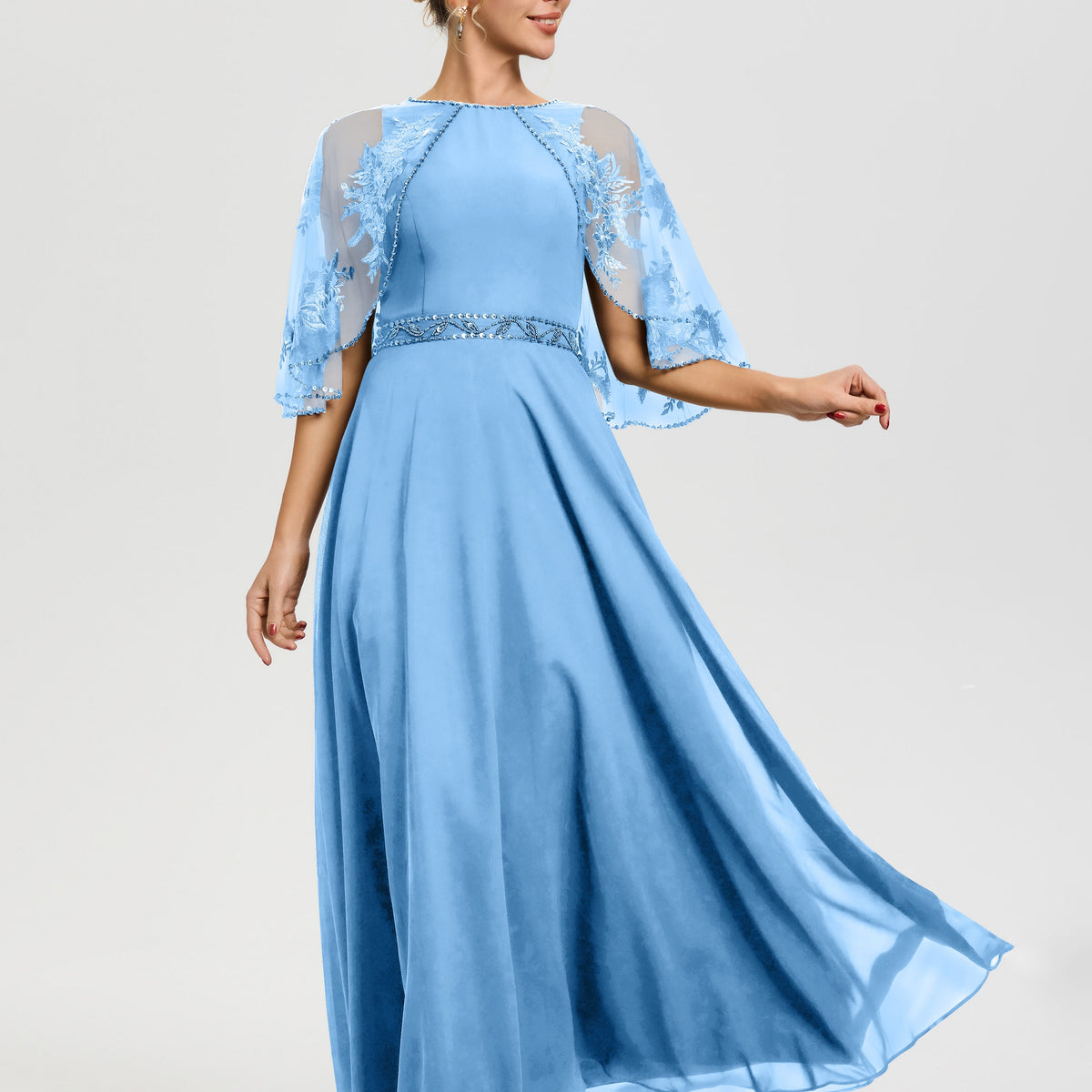blue mother of the bride dress with cape Sky Blue Light Blue Mother Of The Bride Dress Beaded Cape-Sleeve Jewel Neck Chiffon Maxi Mother Of The Bride Dresses