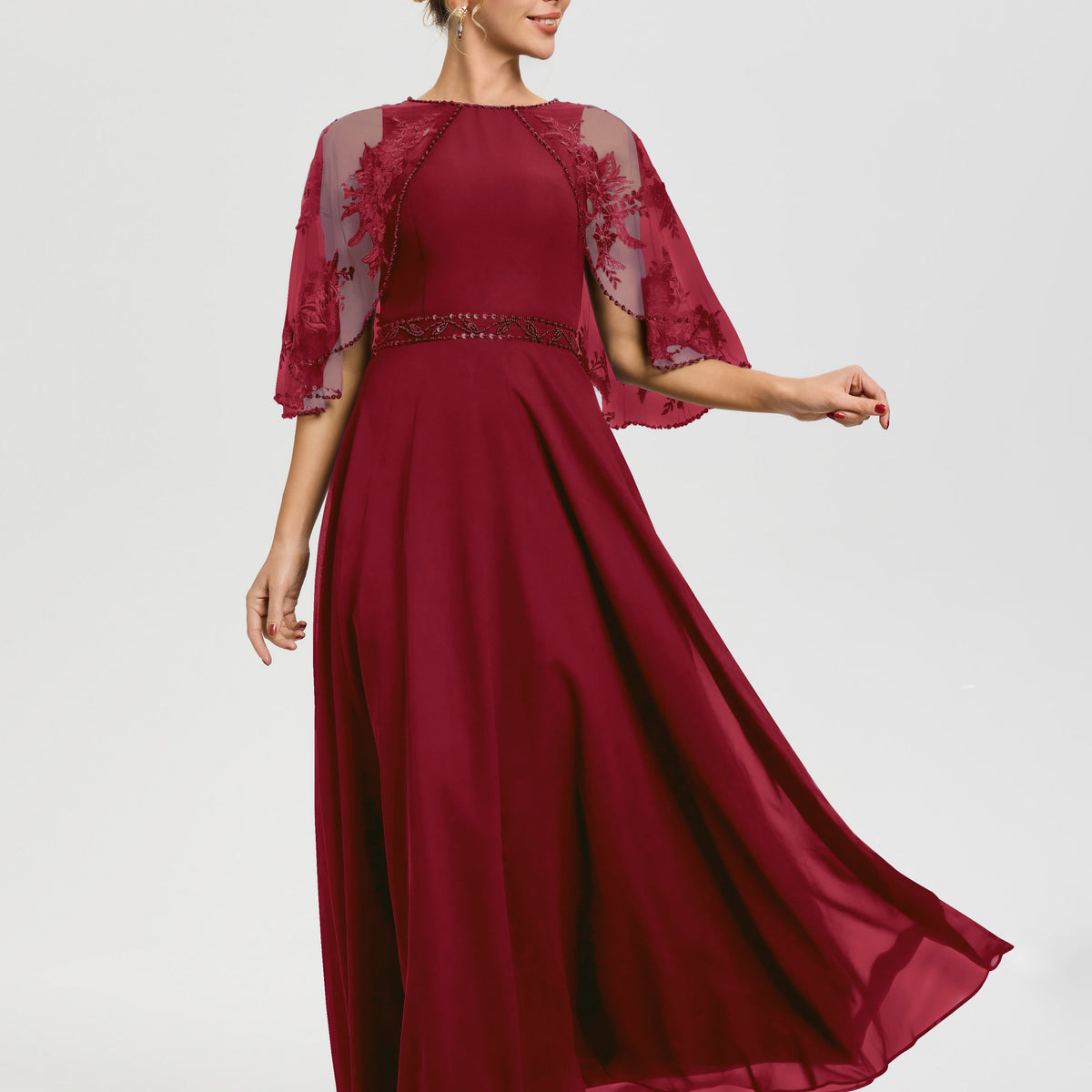 Burgundy Mother Of The Bride Dresses Plus Size Beaded Cape-Sleeve Jewel Neck Chiffon Maxi Mother Of The Bride Dresses