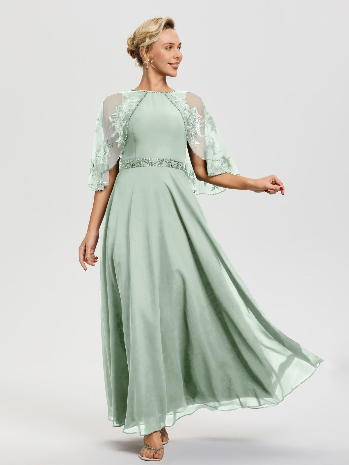 Cicinia Celadon Mother Of The Bride Dress Long Chiffon Lace A-line Short Sleeves