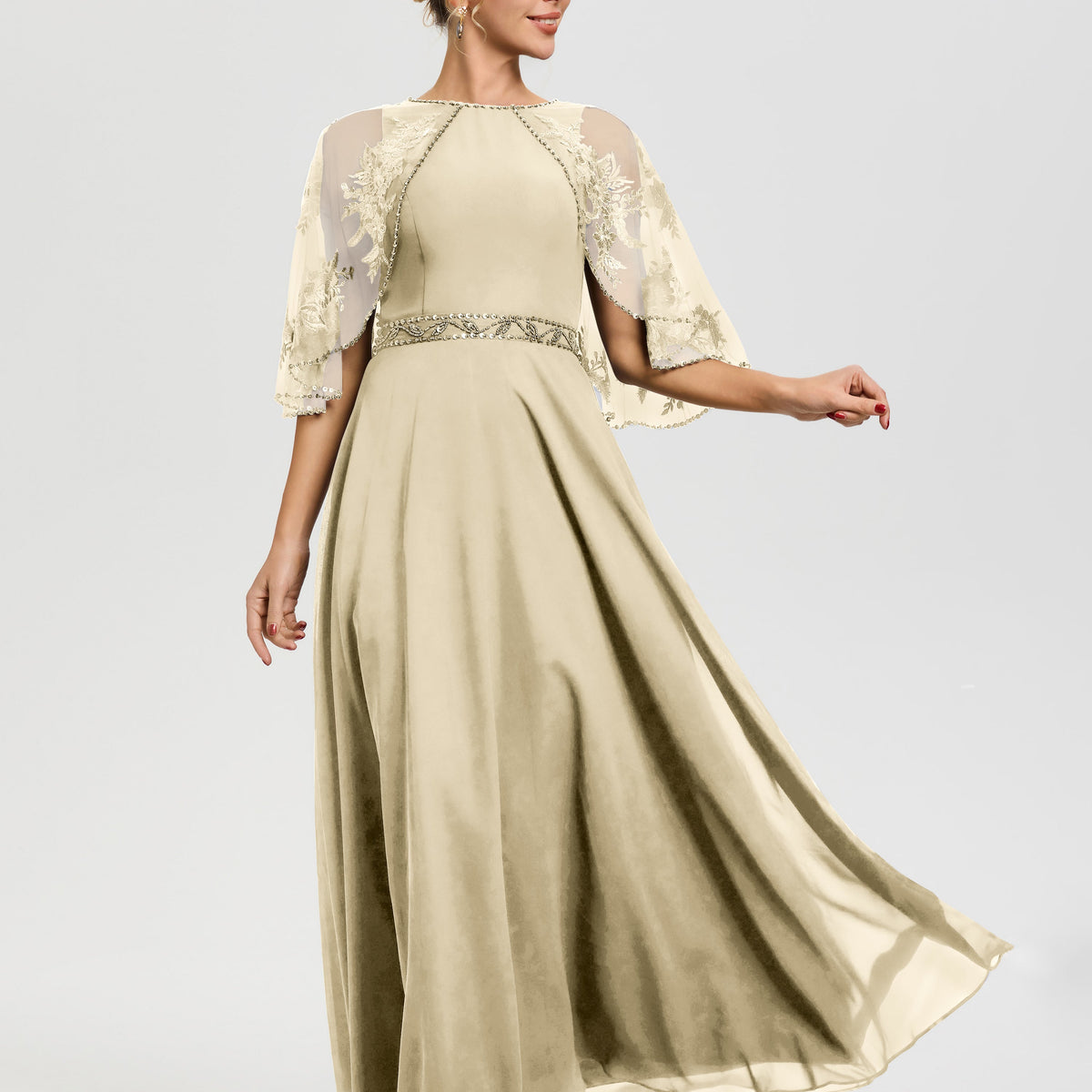 Champagne Colored Mother Of The Bride Dresses Beaded Cape-Sleeve Jewel Neck Chiffon Maxi Mother Of The Bride Dresses