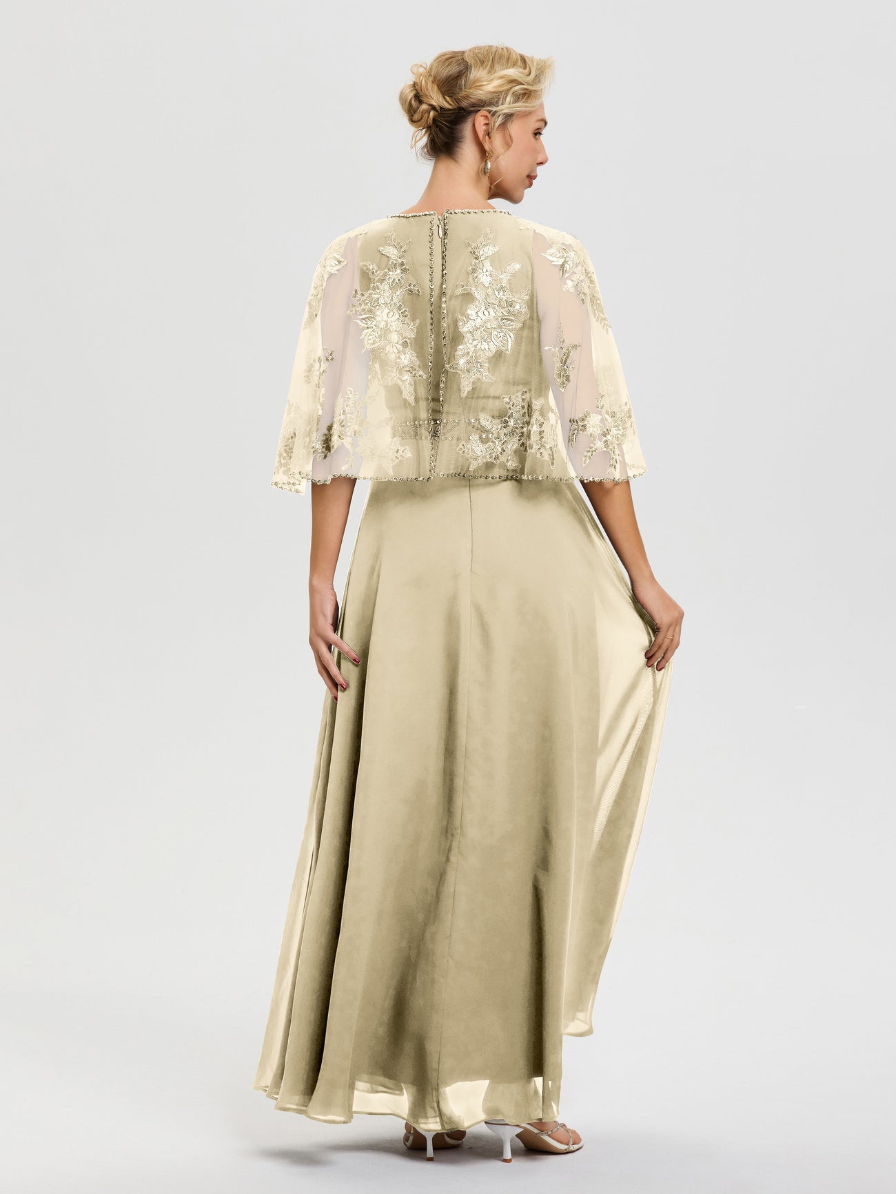 Champagne Colored Mother Of The Bride Dresses Beaded Cape-Sleeve Jewel