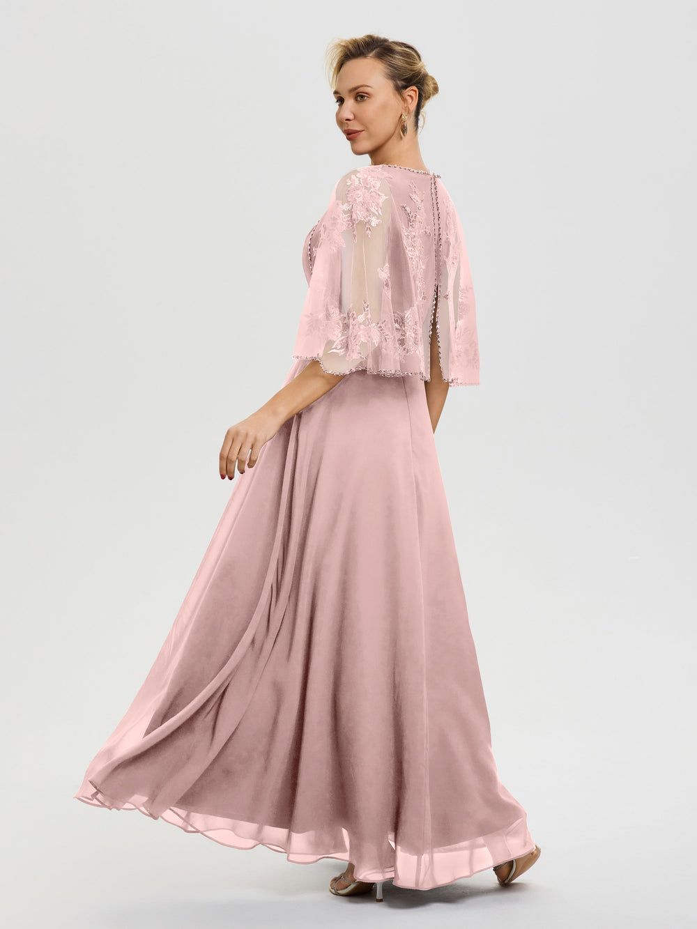 Flutter Sleeves Jewel Neckline Chiffon Dress Dusty Rose