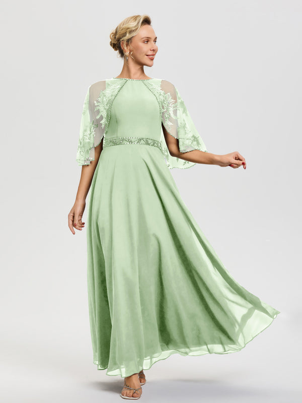 Dusty Sage Mother Of The Bride Dresses Near Me Beaded Cape-Sleeve Jewe