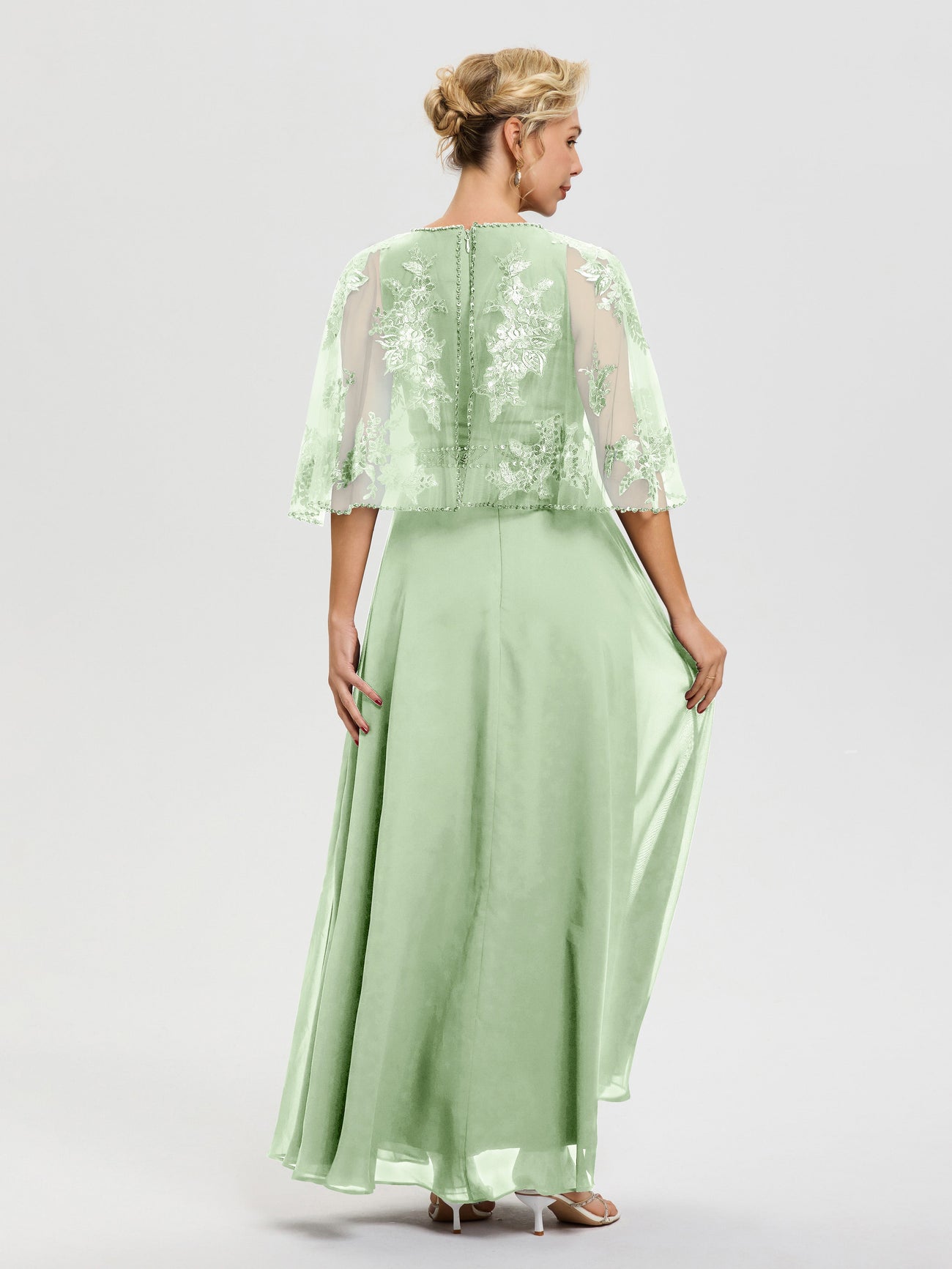 Dusty Sage Mother Of The Bride Dresses Near Me Beaded Cape-Sleeve Jewe