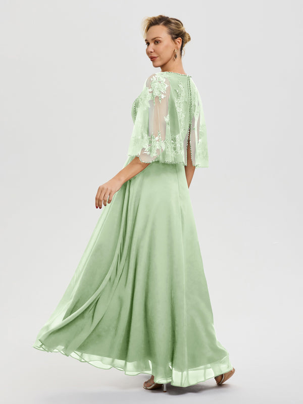Dusty Sage Mother Of The Bride Dresses Near Me Beaded Cape-Sleeve Jewe