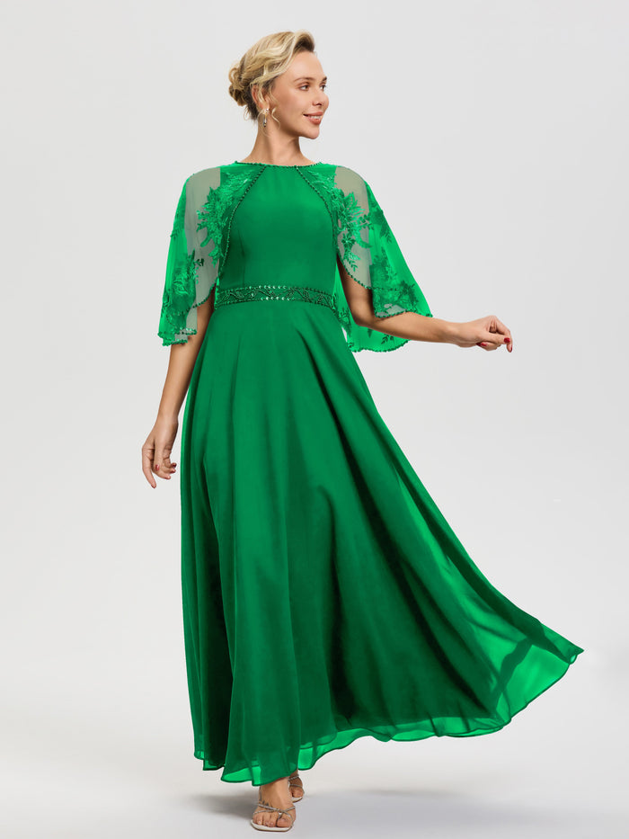 Mother Of The Bride Emerald Green Dresses Beaded Cape-Sleeve Jewel Nec