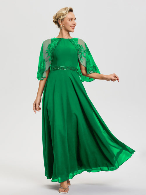 Mother Of The Bride Emerald Green Dresses Beaded Cape-Sleeve Jewel Nec