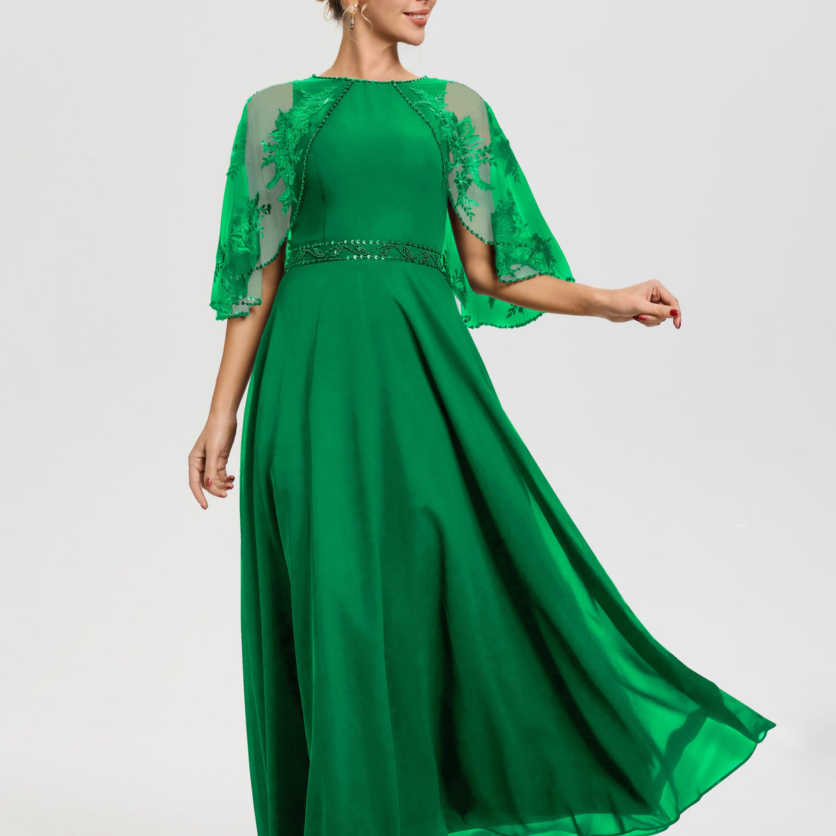 Mother Of The Bride Emerald Green Dresses Beaded Cape-Sleeve Jewel Neck Chiffon Maxi Mother Of The Bride Dresses