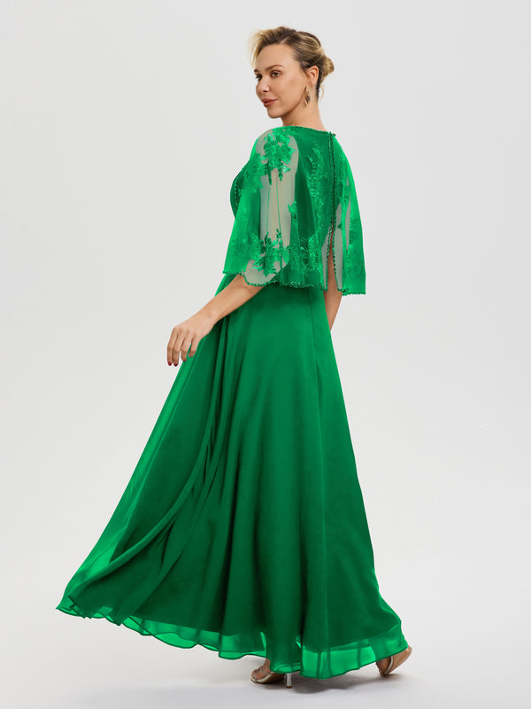 Mother Of The Bride Emerald Green Dresses Beaded Cape-Sleeve Jewel Nec