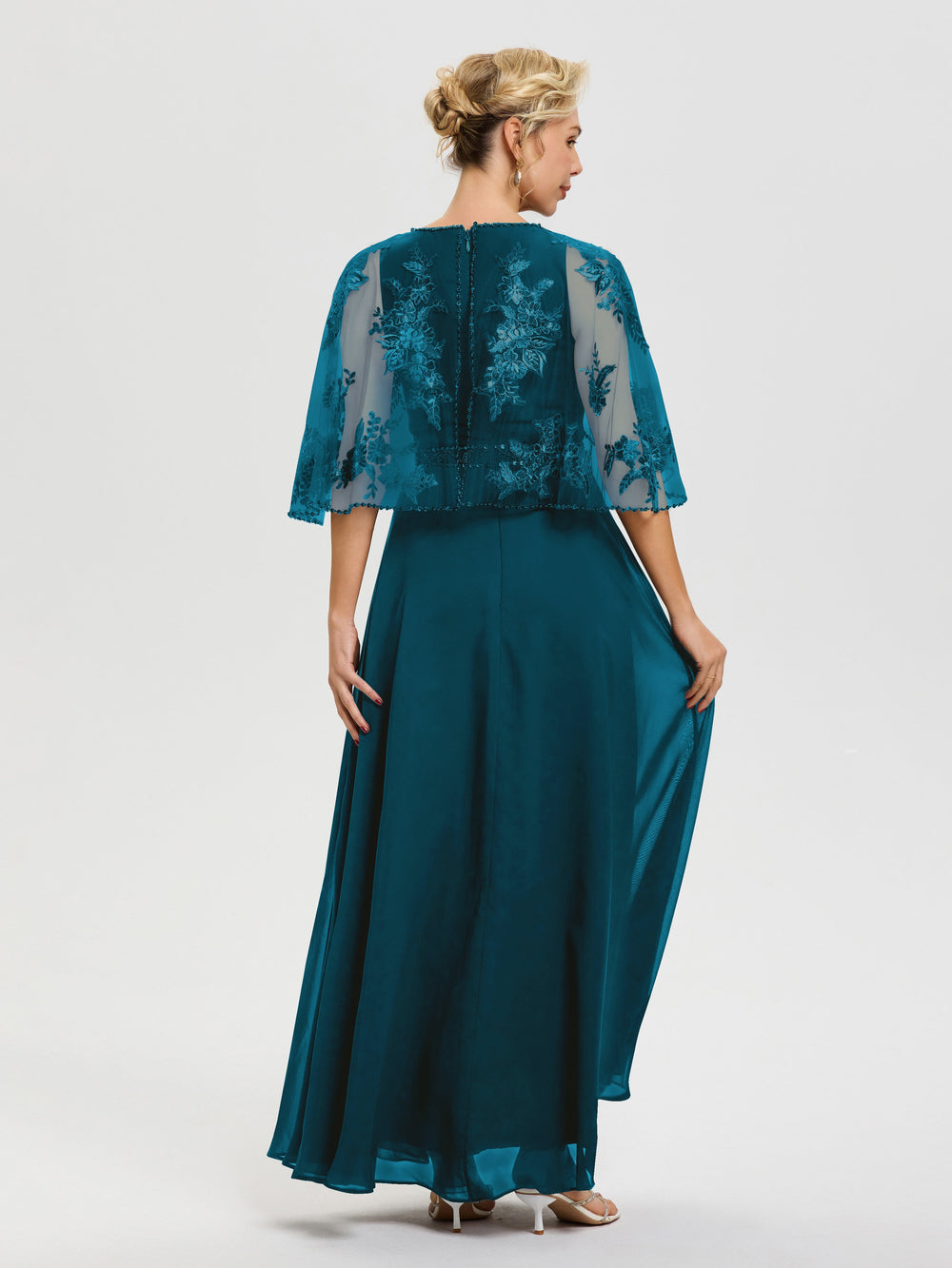 Ink Blue Mother Of The Bride Dress With Sleeves Beaded Cape-Sleeve Jew