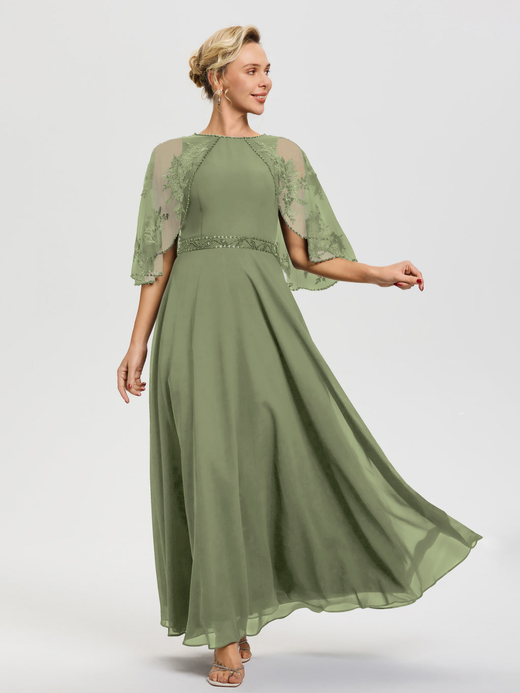light olive green mother of the bride dresses Beaded Cape-Sleeve Jewel Neck Chiffon Maxi Mother Of The Bride Dresses Plus Size Walmart Dresses Sub-Category_Midi Dresses GLS by Gloria Style Select Loafer Size:43