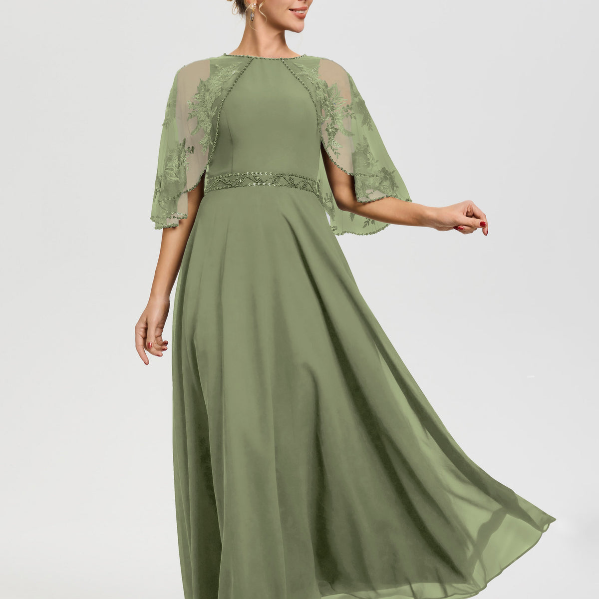 Light Olive Green Mother Of The Bride Dresses Beaded Cape-Sleeve Jewel Neck Chiffon Maxi Mother Of The Bride Dresses Light Olive Green Mother Of The Bride Dresses Beaded Cape-Sleeve Jewel Neck Chiffon Maxi Mother Of The Bride Dresses