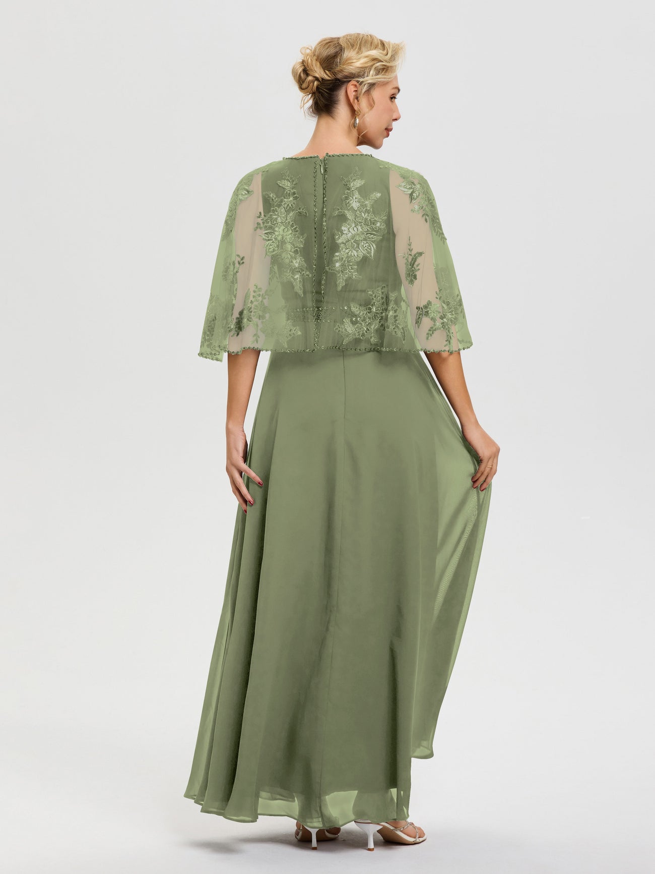 Light Olive Green Mother Of The Bride Dresses Beaded Cape-Sleeve Jewel